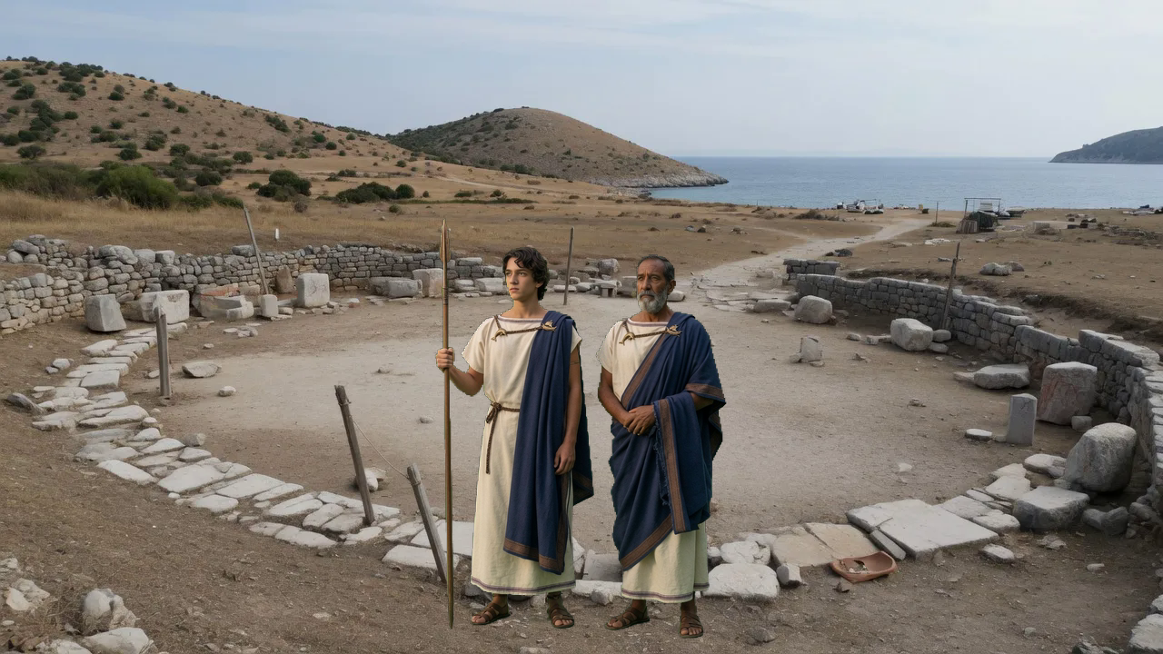 Telemachus with the spear planted, Mentor beside him, hands empty, on the open ground before the assembly.