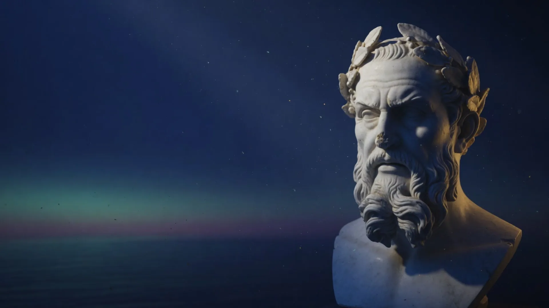 Marble bust of Homer, the poet of the Odyssey, lit against a dark Aegean night