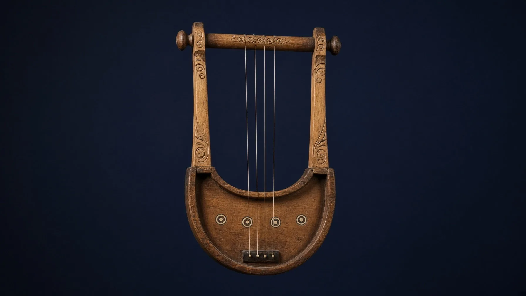 Homer’s Phorminx — the four-stringed lyre of the aoidos, worn wood in the Great Hall